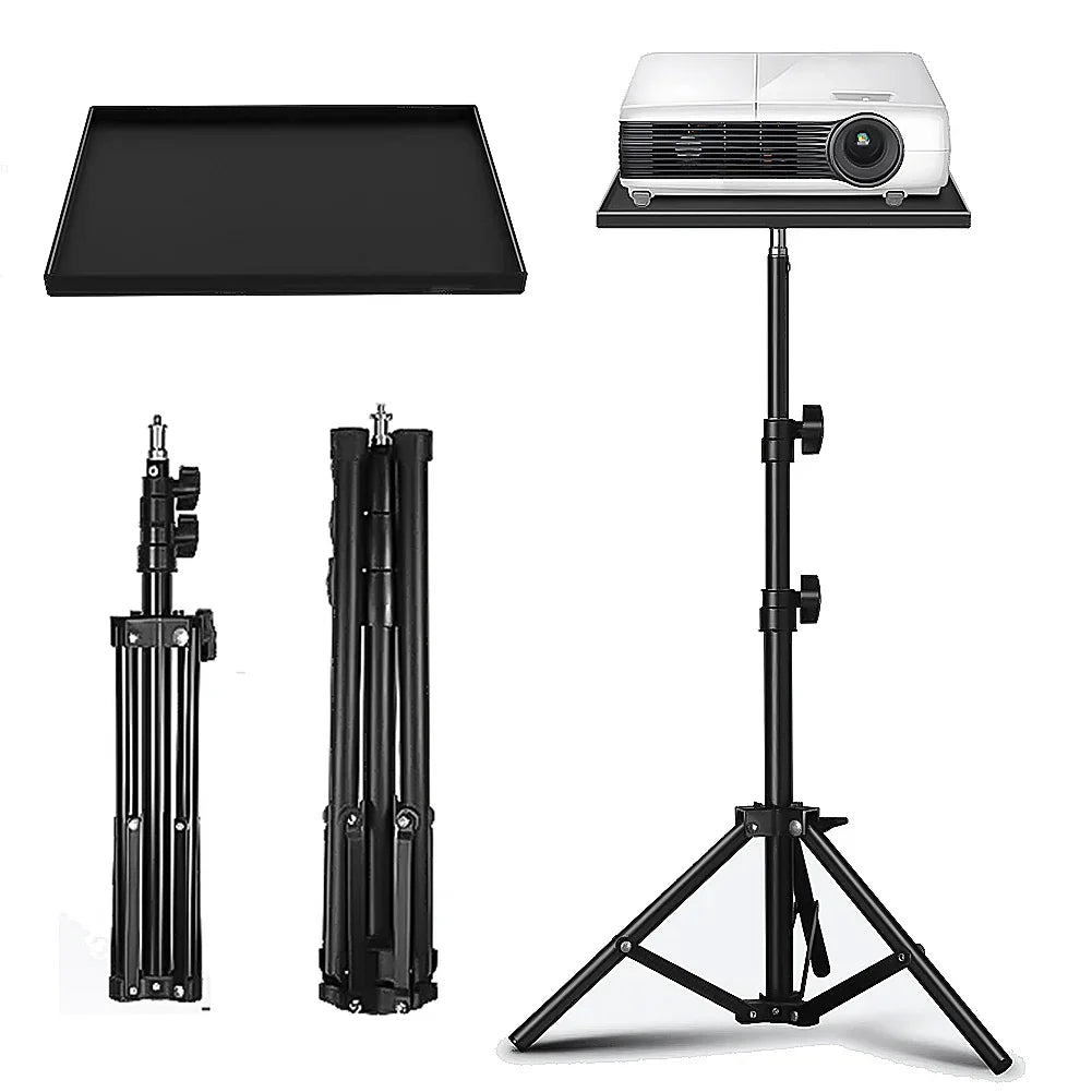 Black adjustable projectors tray with telescopic rod standing and 1/4inch thread tripod tray holding a white projector