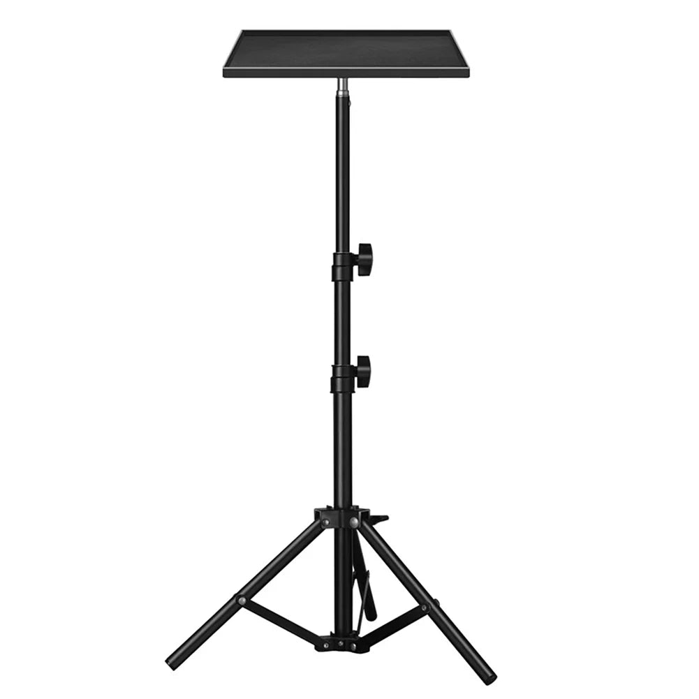 Black adjustable-height projectors tray with rectangular platform and thread tripod tray for telescopic rod standing use