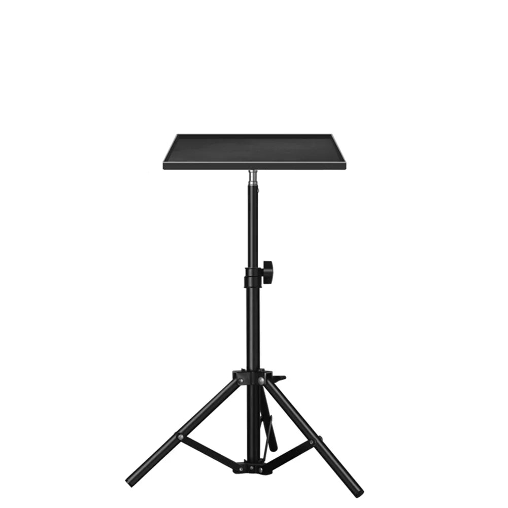 Black adjustable-height thread tripod tray with flat rectangular platform and telescopic rod standing for projectors tray use