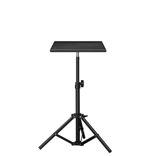 Black adjustable-height projectors tray with telescopic rod standing and flat rectangular platform for dj equipment holder