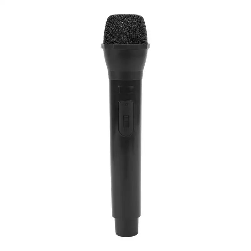 Black handheld wireless karaoke studio microphone with textured mesh grille and sleek plastic body for karaoke dance shows