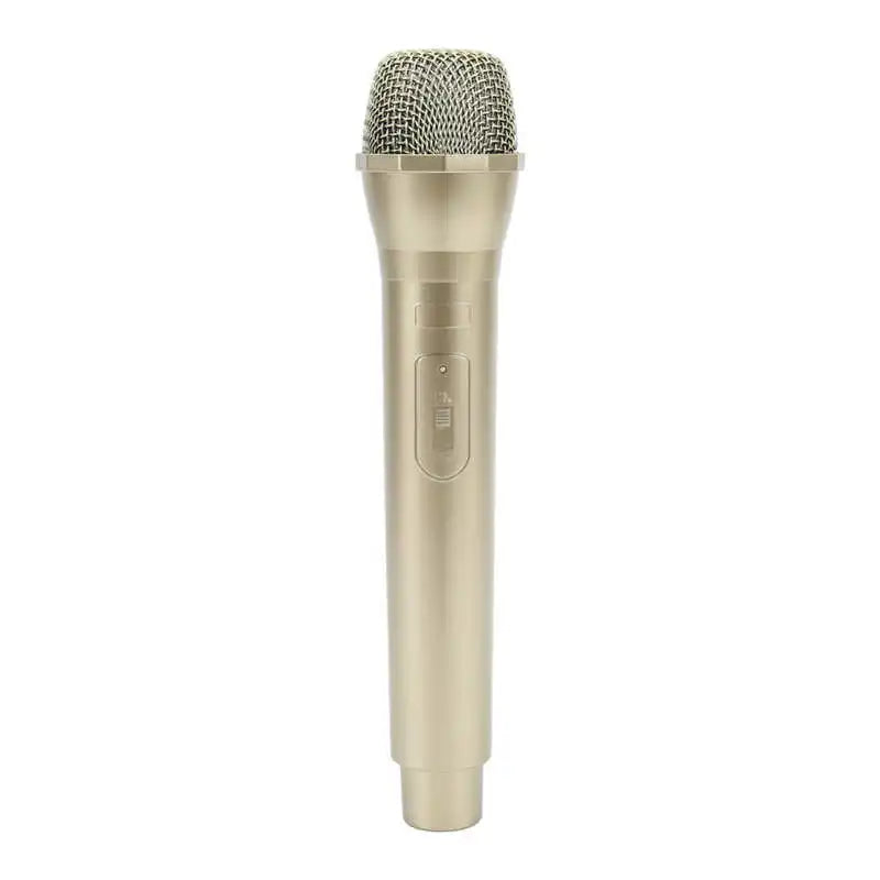 Gold-colored handheld wireless karaoke studio microphone with mesh grille and sleek metallic finish for karaoke dance shows