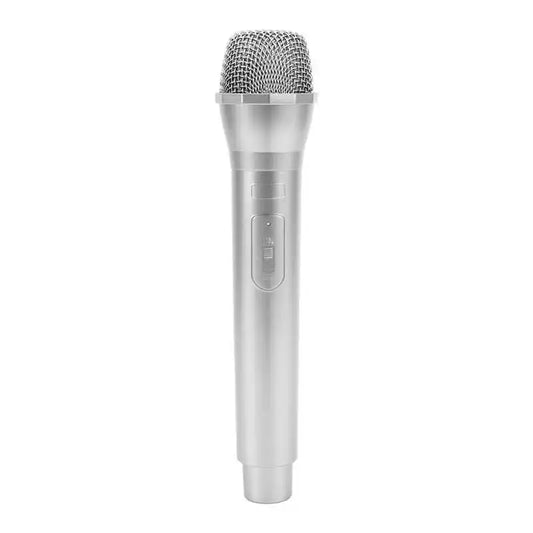 Silver handheld prop microphone with mesh grille and power button for karaoke dance shows and karaoke studio microphone use