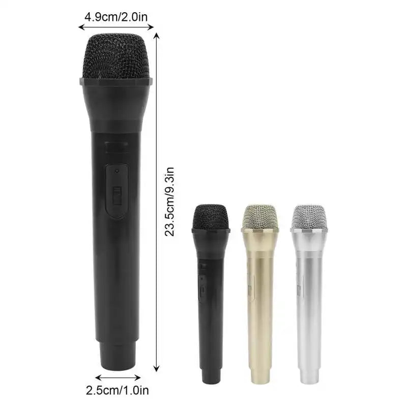 Black handheld wireless karaoke studio microphone with textured mesh grille and plastic body shown with gold and silver models