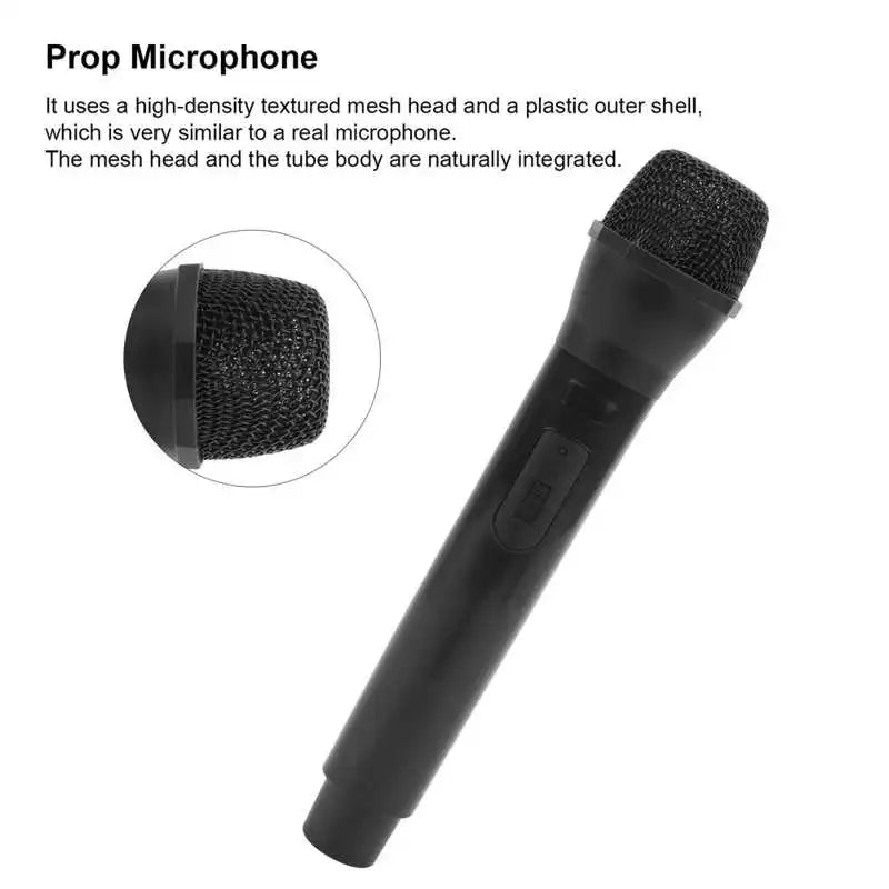 Black plastic prop microphone with high density textured mesh head for karaoke dance shows and practice microphone prop