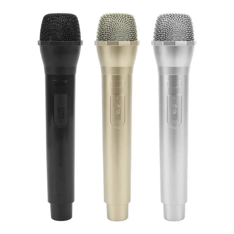 Three wireless handheld prop microphones in black gold and silver with mesh grilles for karaoke dance shows and practice use