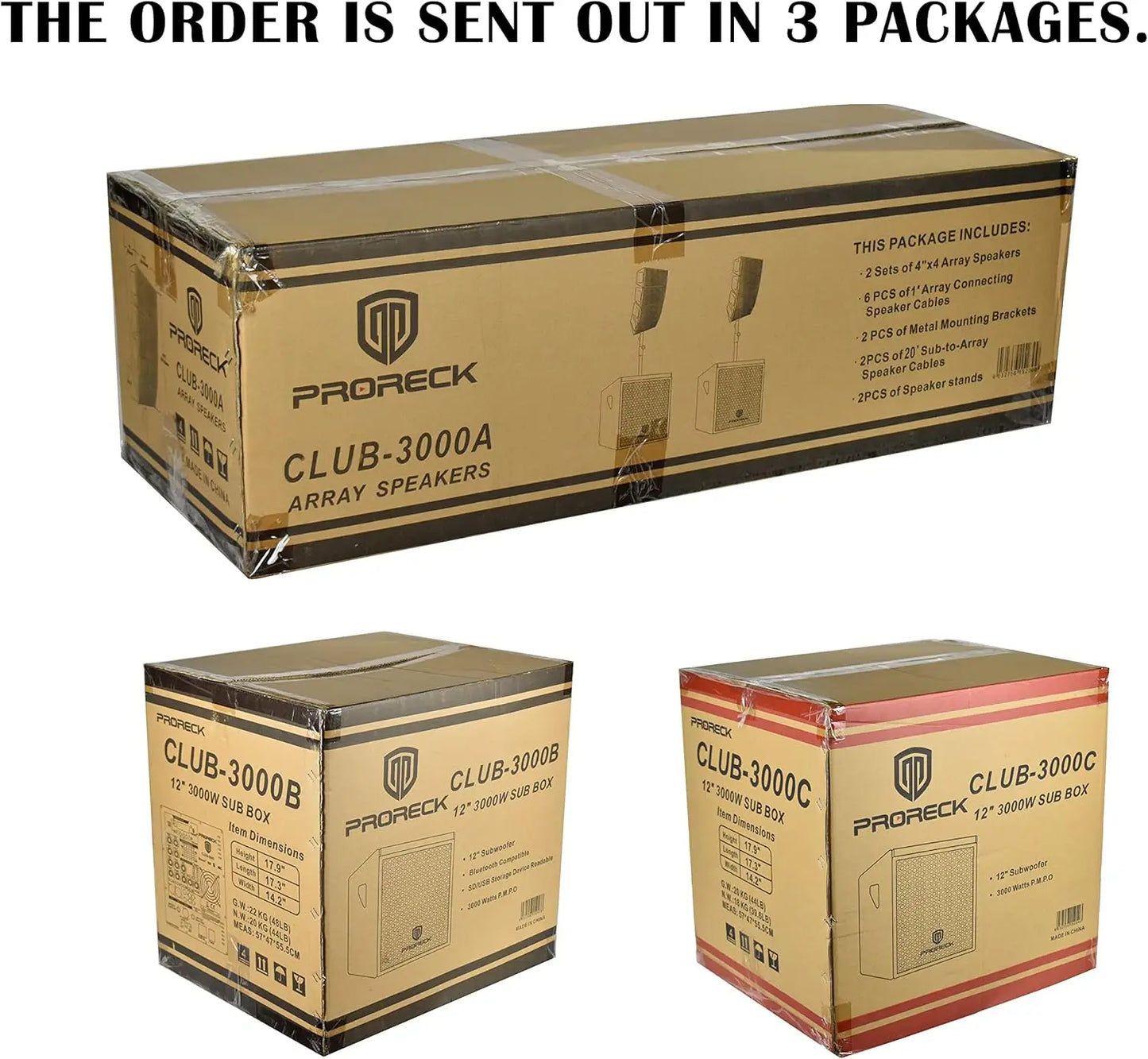 Brown cardboard box for proreck club 3000 4000w dj powered pa speaker system with bluetooth usb drive function
