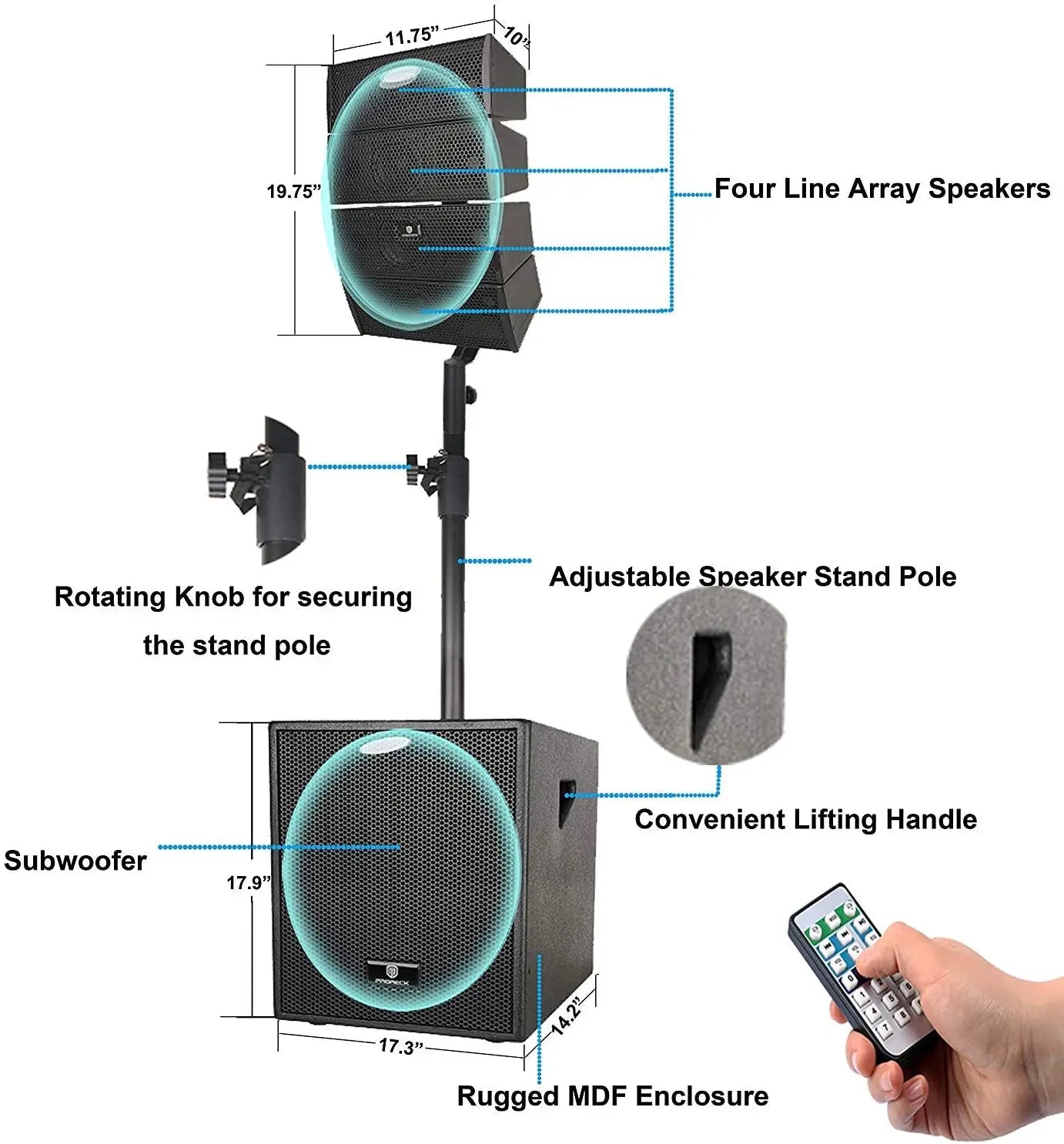 Black proreck club 4000w dj powered speaker system with four-line array, subwoofer, rugged mdf enclosures, and bluetooth usb drive
