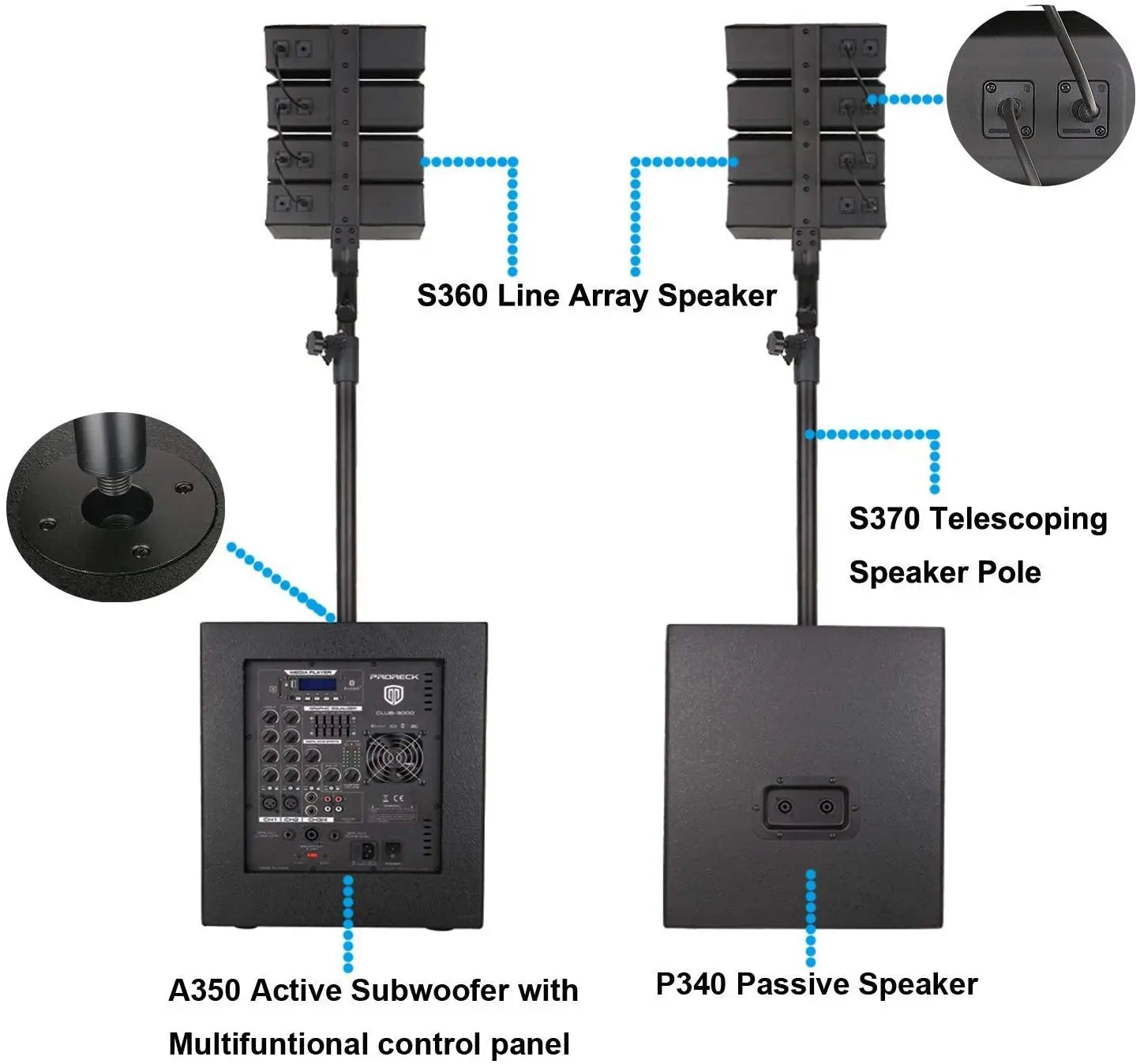 Black proreck club 3000 4000w dj powered pa speaker with stacked drivers bluetooth usb drive and sleek design