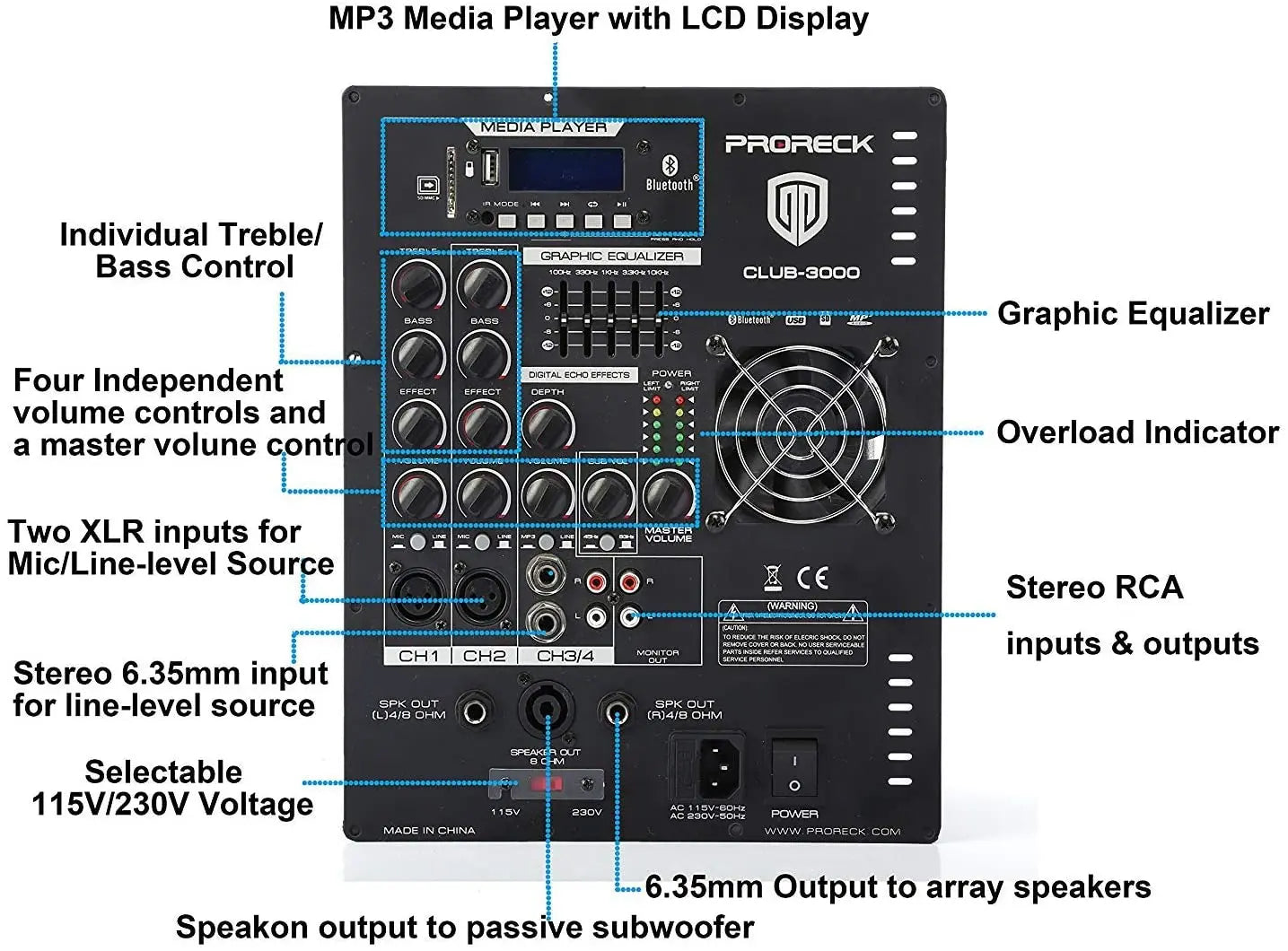 Black proreck club 3000 mp3 media player with lcd, graphic equalizer, and multiple audio ports for 4000w dj powered use with bluetooth usb drive