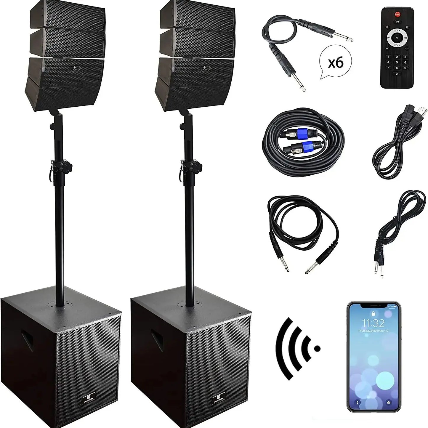 Black rectangular proreck club 4000w dj powered pa speakers on adjustable stands with matching subwoofers and bluetooth usb drive