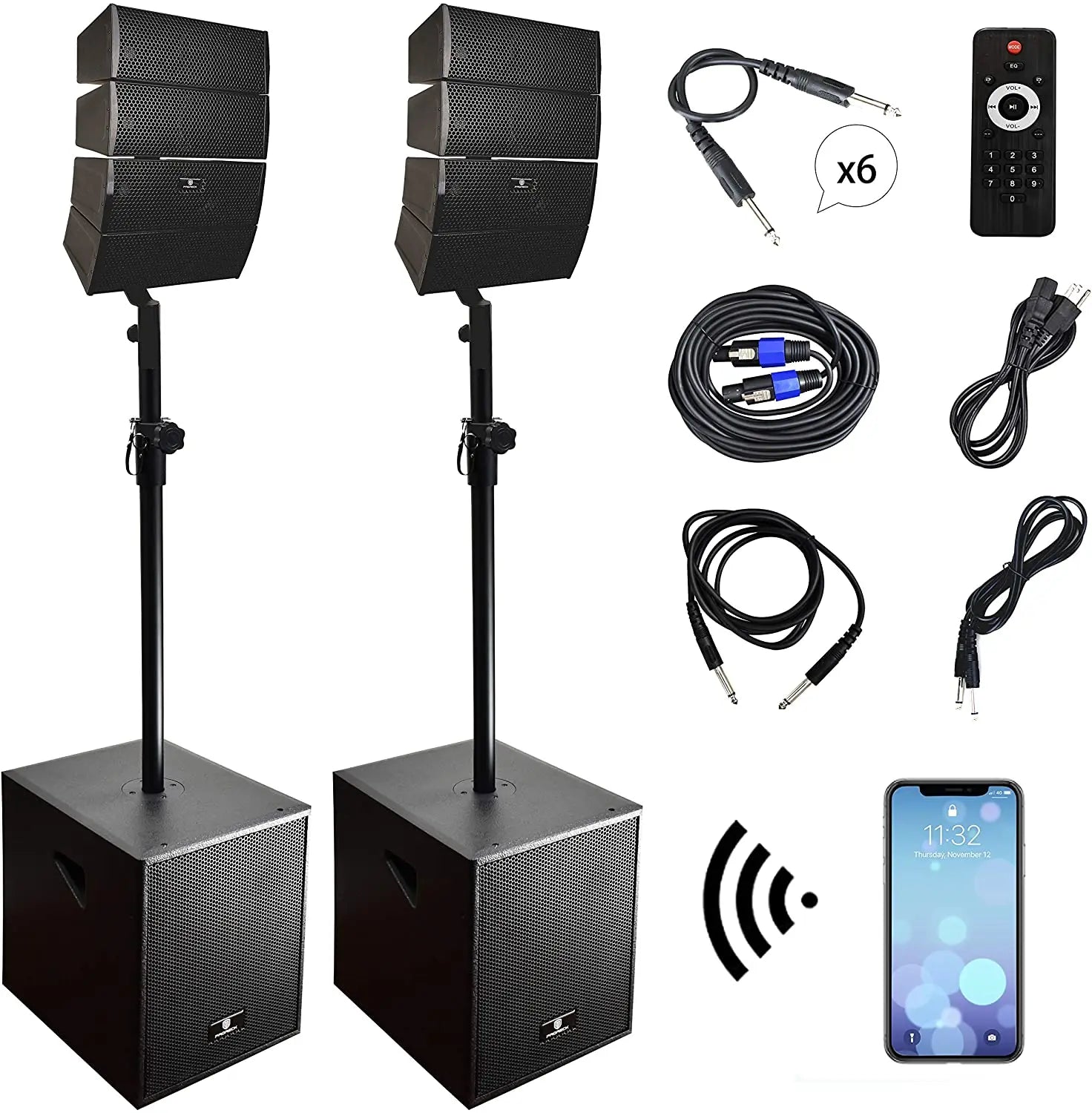 Black proreck club 3000 4000w dj powered pa speaker system with two tower speakers, subwoofers, remote, and bluetooth usb drive