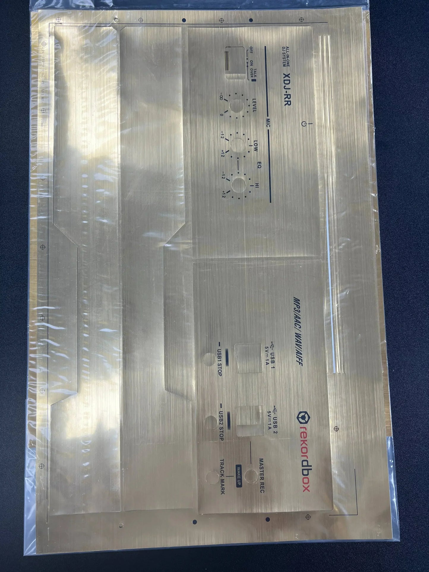 Silver metal mounting plate with engraved labels for teknobox xdj-rb dj mixer used with protective sticker pioneer and surfing protection