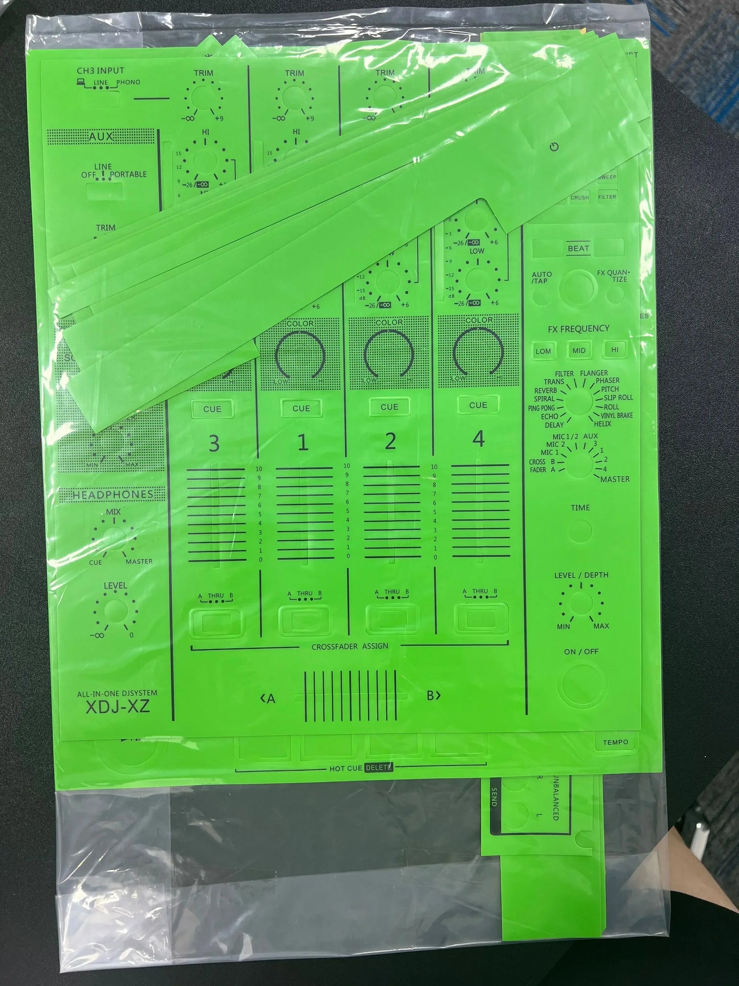 Bright green pvc protective sticker pioneer panel with printed labels for all-in-one dj controller surfing protection