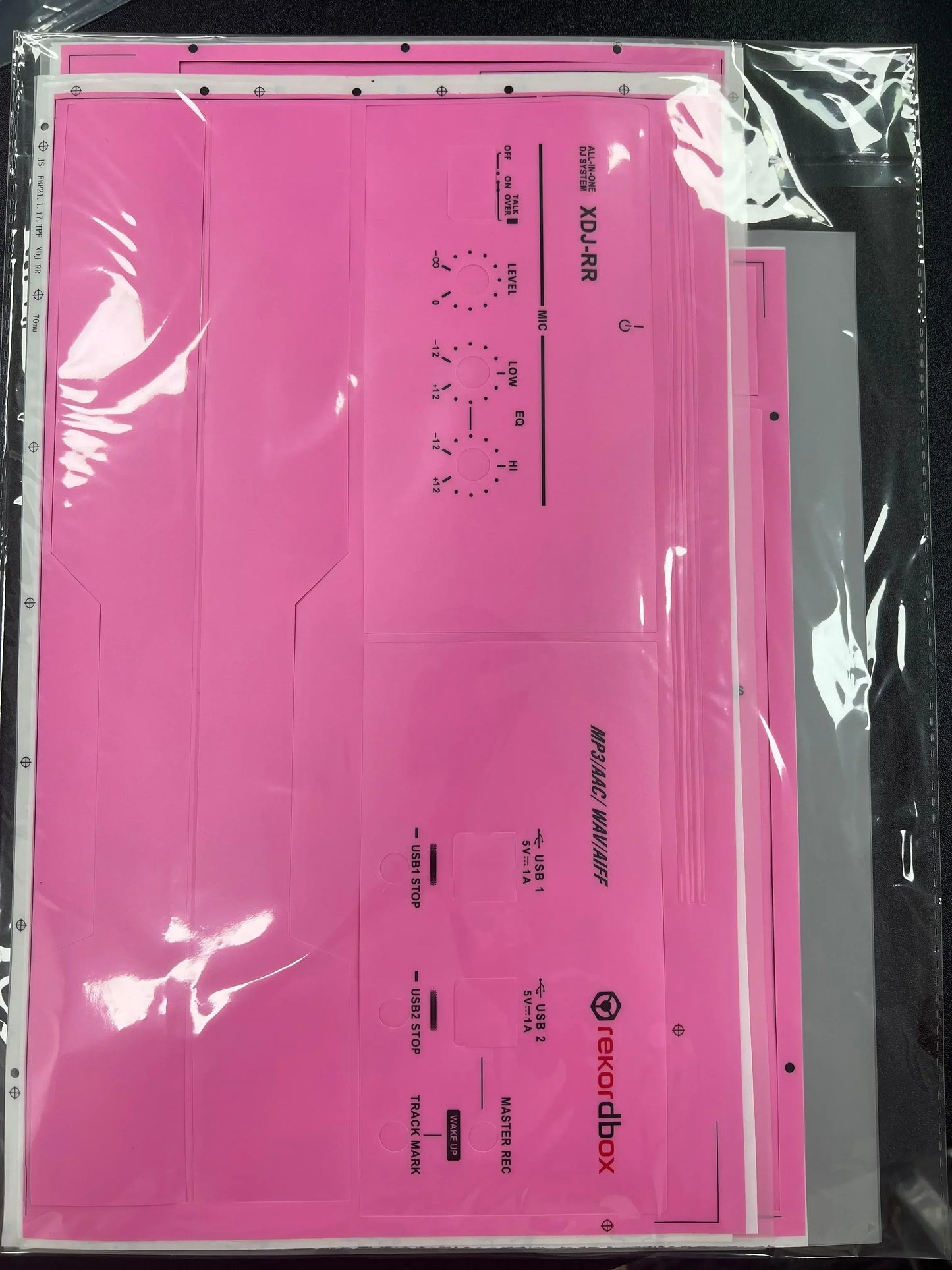 Pink plastic record box with printed labels featuring a protective sticker pioneer pvc film for surfing protection on all-in-one dj controller