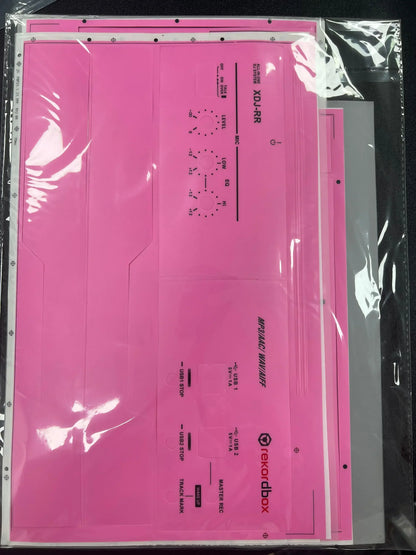 Pink plastic record box with printed labels featuring a protective sticker pioneer pvc film for surfing protection on all-in-one dj controller