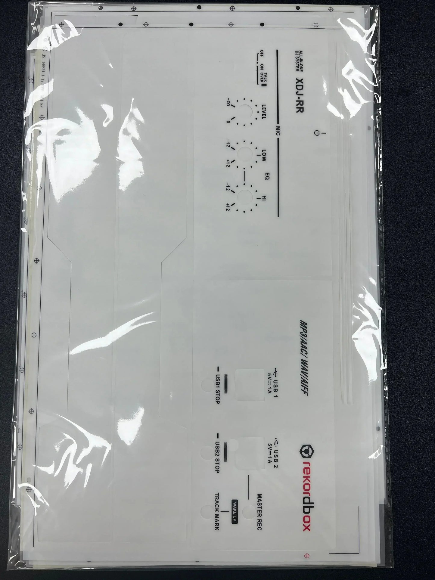 Clear plastic protective sticker pioneer sleeve with printed labels and red recordbox logo for all-in-one dj controller surfing protection