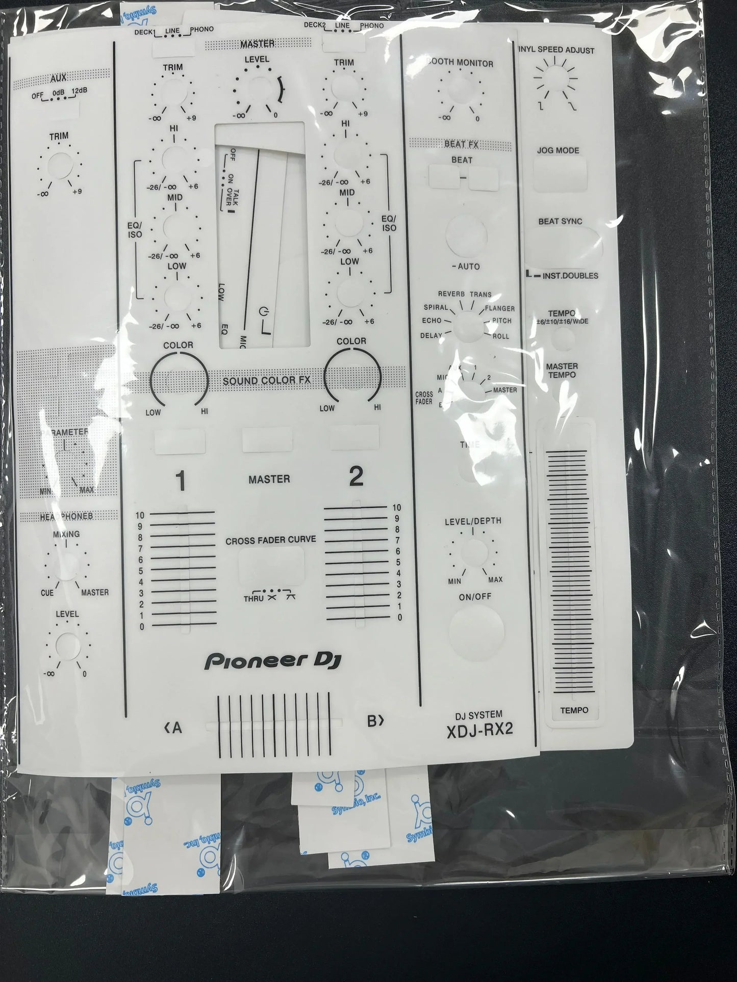 White pioneer xdj-rx2 all-in-one dj controller with labeled knobs featuring protective sticker pioneer pvc film surfing protection
