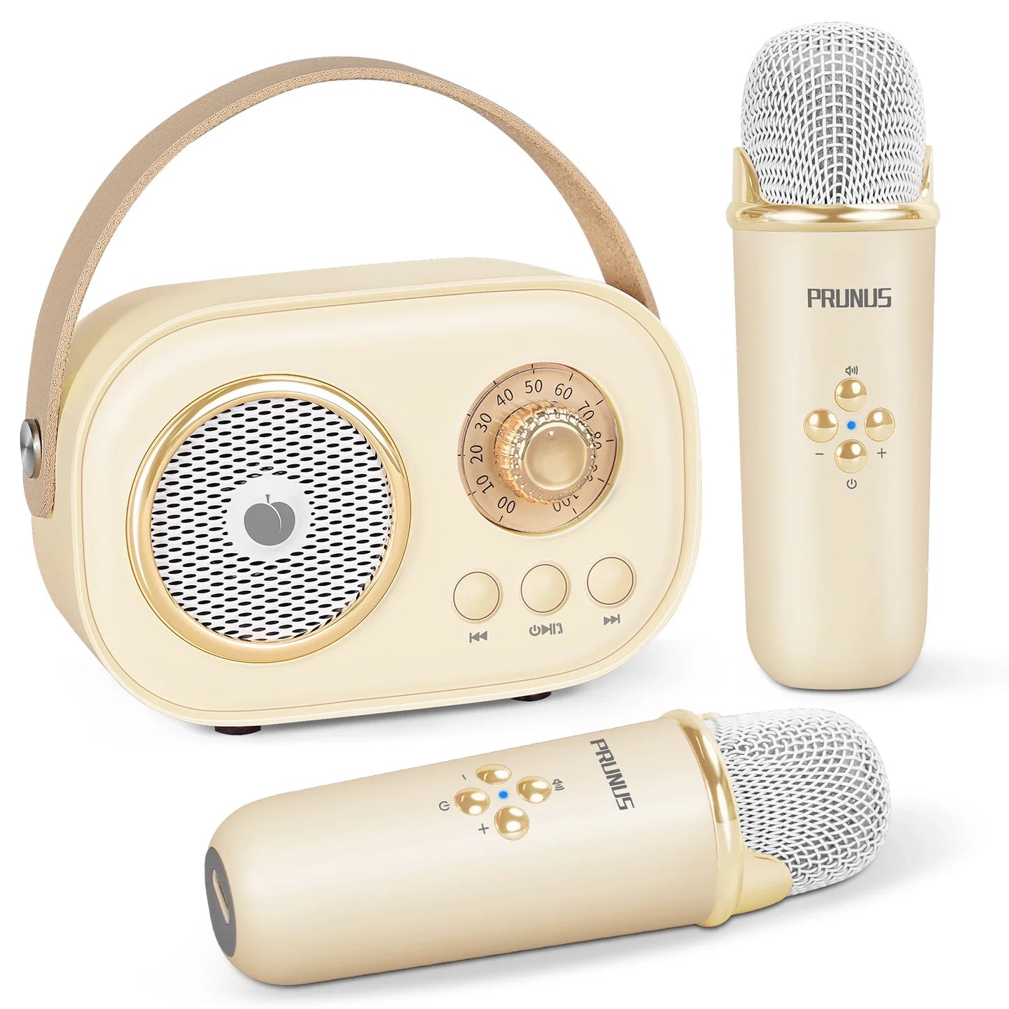 Cream-colored prunus c20 mini portable bluetooth karaoke machine with retro speaker and two microphones for kids party birthday