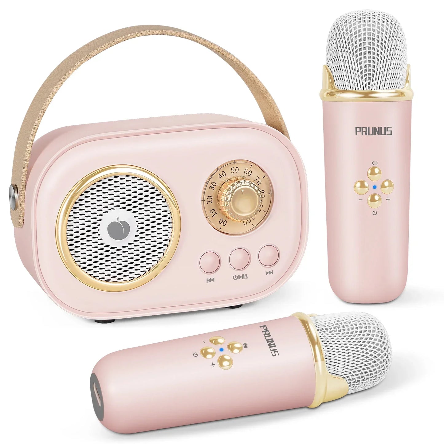 Pink prunus c20 mini karaoke machine portable bluetooth speaker with gold accents and matching handheld microphone for kids party birthday