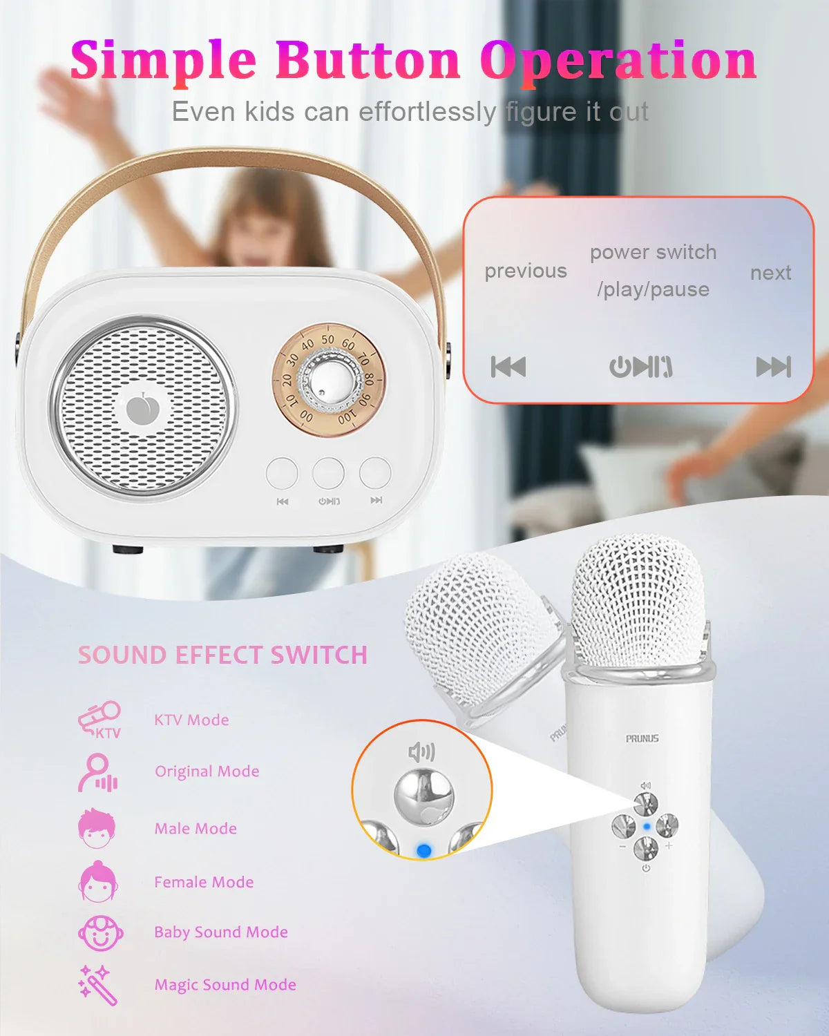 White prunus c20 mini karaoke machine portable bluetooth speaker with gold-tone handle and matching microphone for kids party birthday