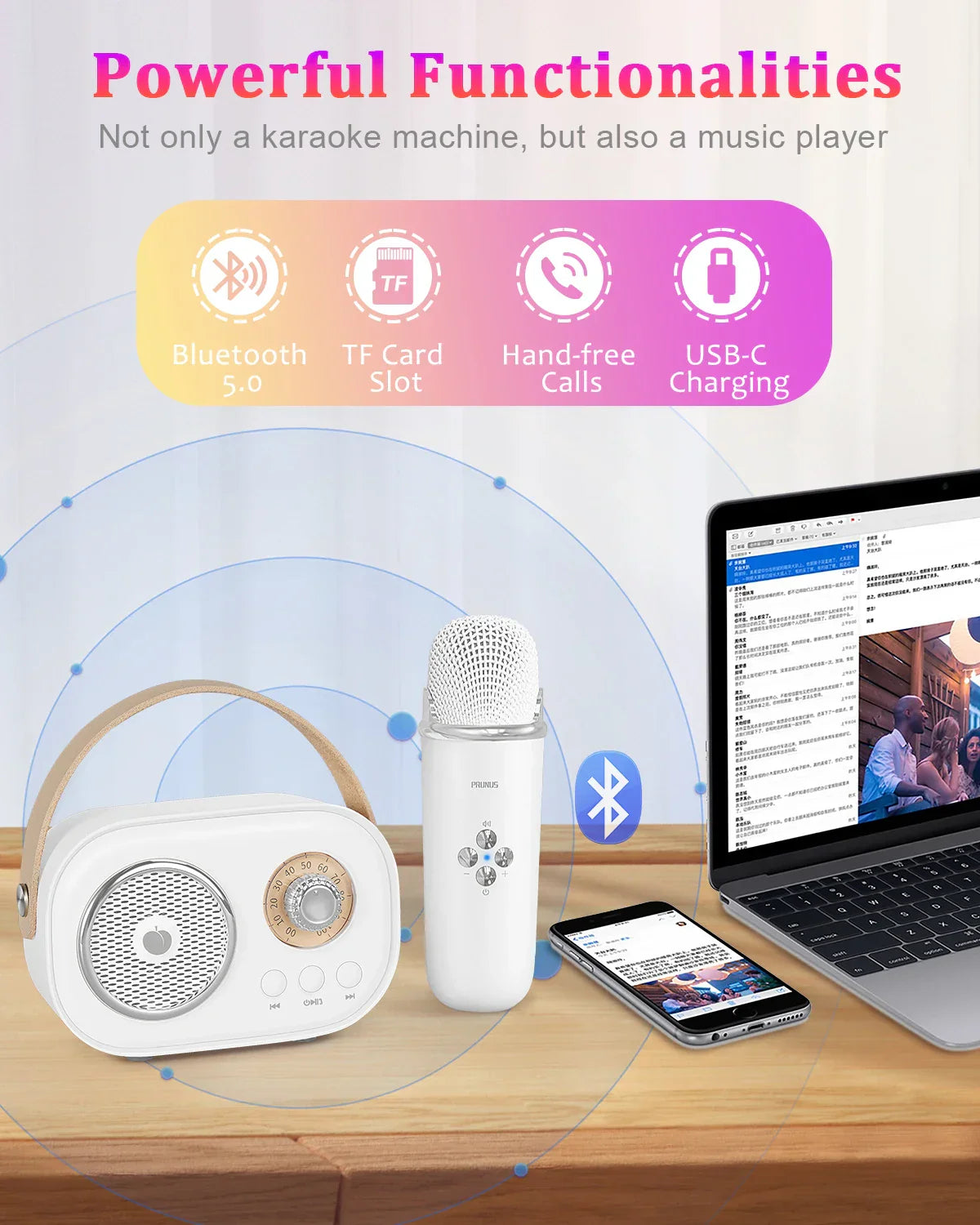 White retro-style prunus c20 mini portable bluetooth karaoke machine with wooden handle for kids party birthday gifts