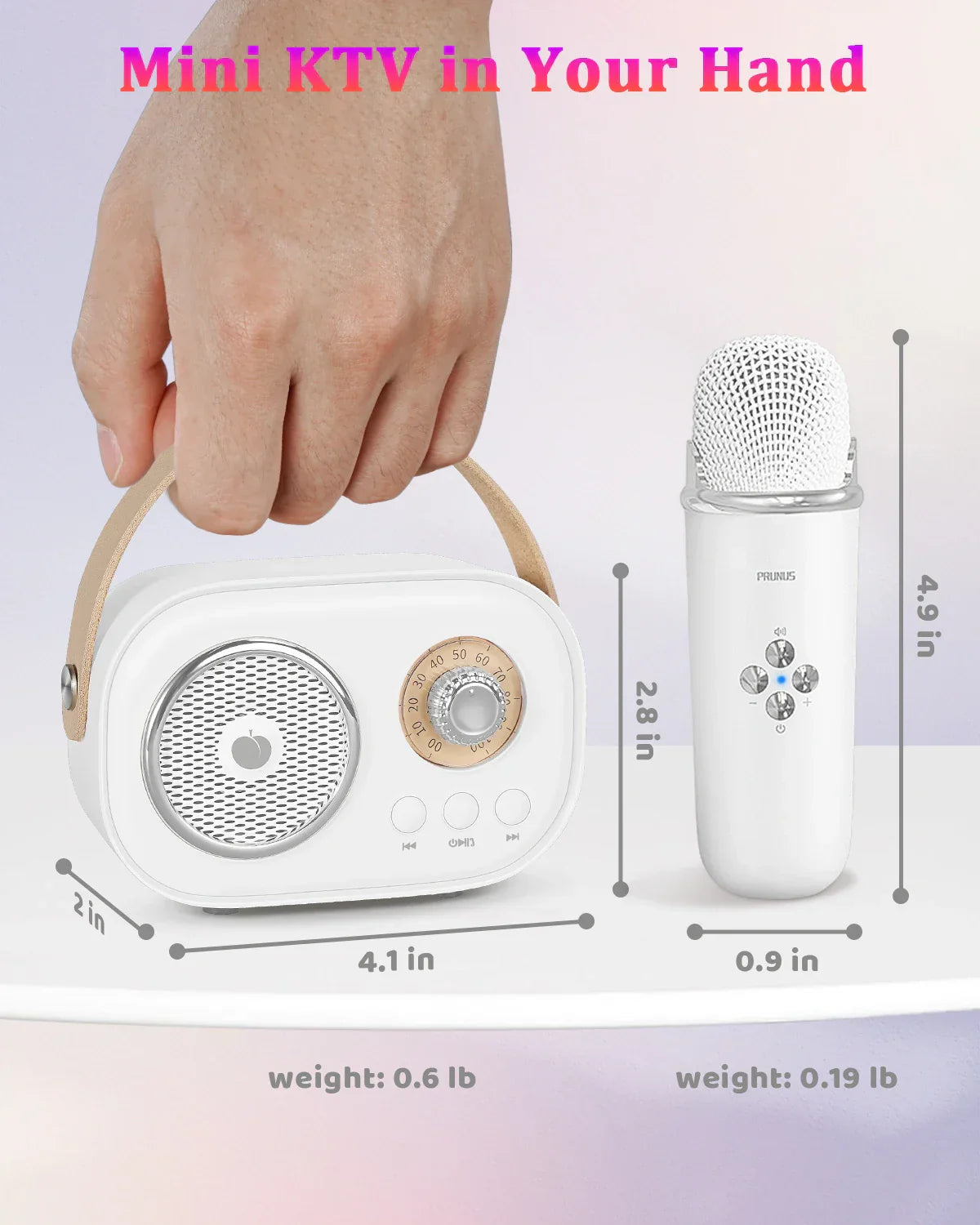 White prunus c20 mini karaoke machine portable bluetooth speaker with beige handle and matching wireless microphone for kids party birthday