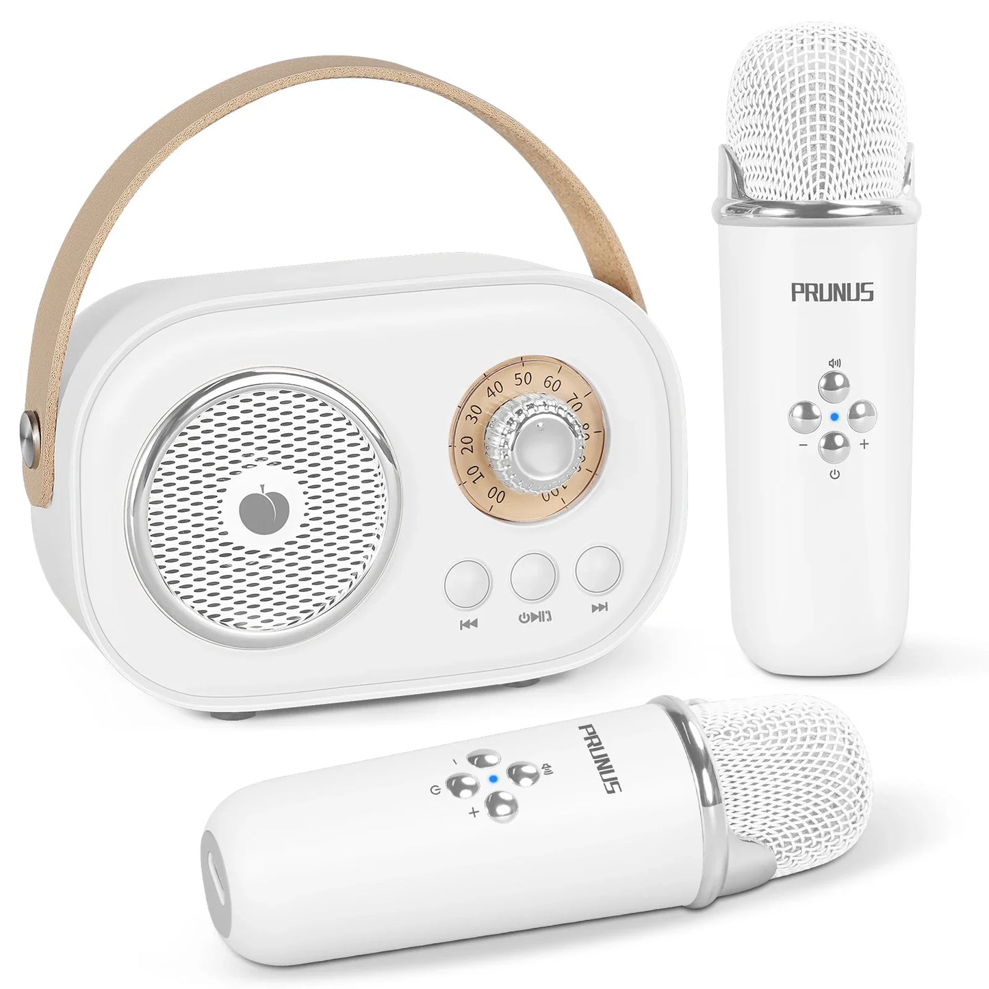 White prunus c20 mini portable bluetooth speaker with beige leather handle gold-tone dial and two white wireless microphones for kids party birthday