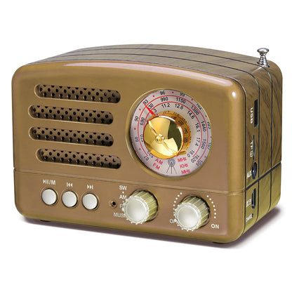 Vintage-style bronze prunus j-160 radio receiver rechargeable with gold tuning dial and stereo 3w bluetooth speaker