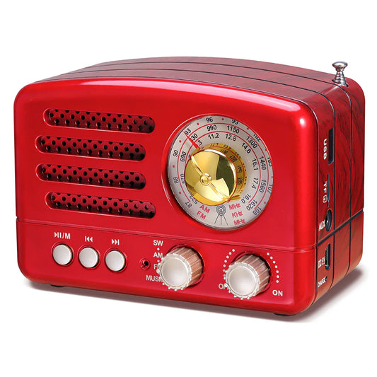 Vibrant red prunus j-160 classical retro stereo 3w bluetooth radio receiver rechargeable with gold dial and white knobs