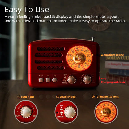 Red prunus j-160 retro-style radio receiver rechargeable with warm amber dial and stereo 3w bluetooth portable mp3 radios