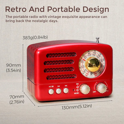 Red retro portable radio receiver rechargeable with gold dial silver knobs stereo 3w bluetooth and mp3 radio features