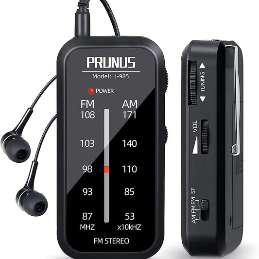 Black prunus pocket radio mini walkman with built-in earphones sleek compact hand stereo portable design