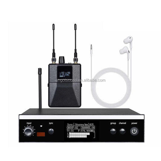 Black psm300 psm wireless stereo monitoring system with digital display and white ear mon itors for stage performance church use