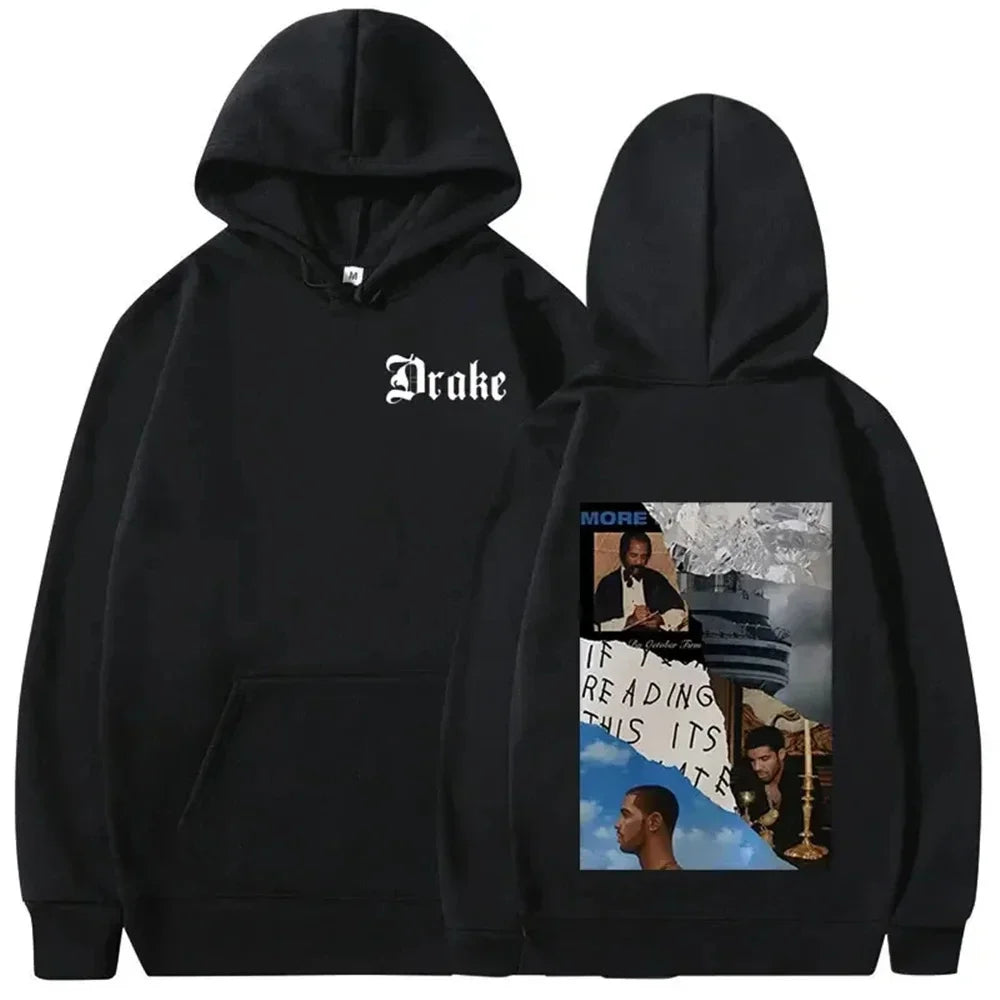 Black hoodie pullovers rapper drake with white logo on chest and music album cover graphic on back vintage hoodies y2k