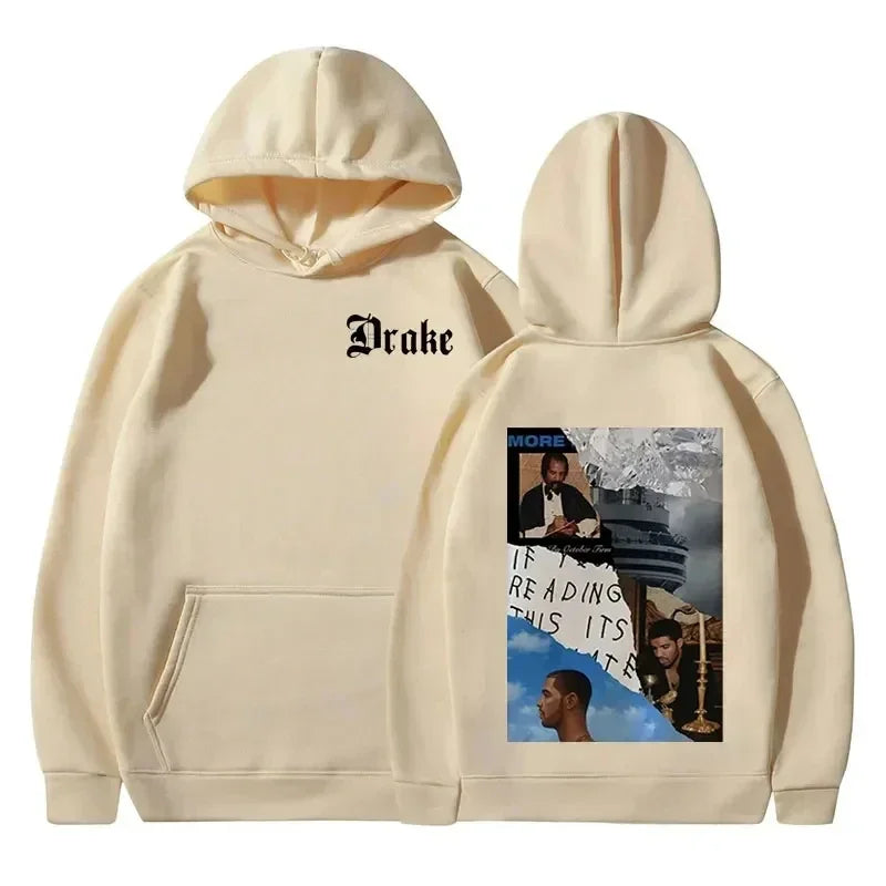 Cream-colored pullover rapper drake hoodie with black logo front and music album cover graphic back vintage hoodies y2k