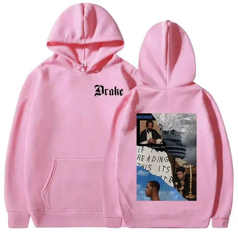 Pink hoodie pullover rapper drake with black logo front and vintage hoodies y2k music album cover collage back