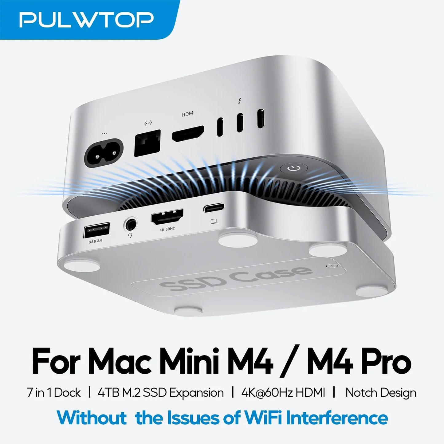 Silver aluminum 7-in-1 mini m4 dock with usb c hub hdmi usb ports for mac mini m4 and m4 pro back side view