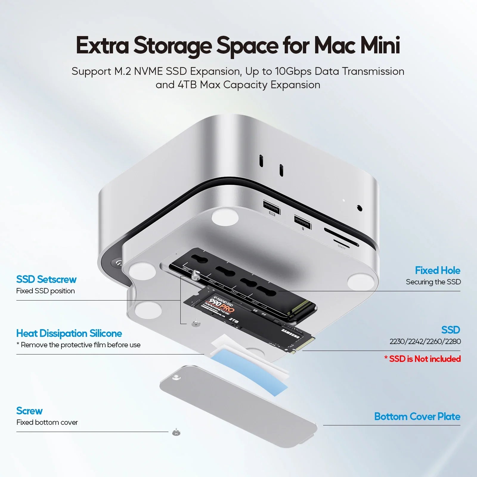 Silver aluminum m.2 nvme ssd enclosure with heat pads in pulwtop mac mini mini m4 dock usb c hub for 4tb storage