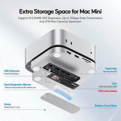 Silver aluminum m.2 nvme ssd enclosure with heat pads in pulwtop mac mini mini m4 dock usb c hub for 4tb storage