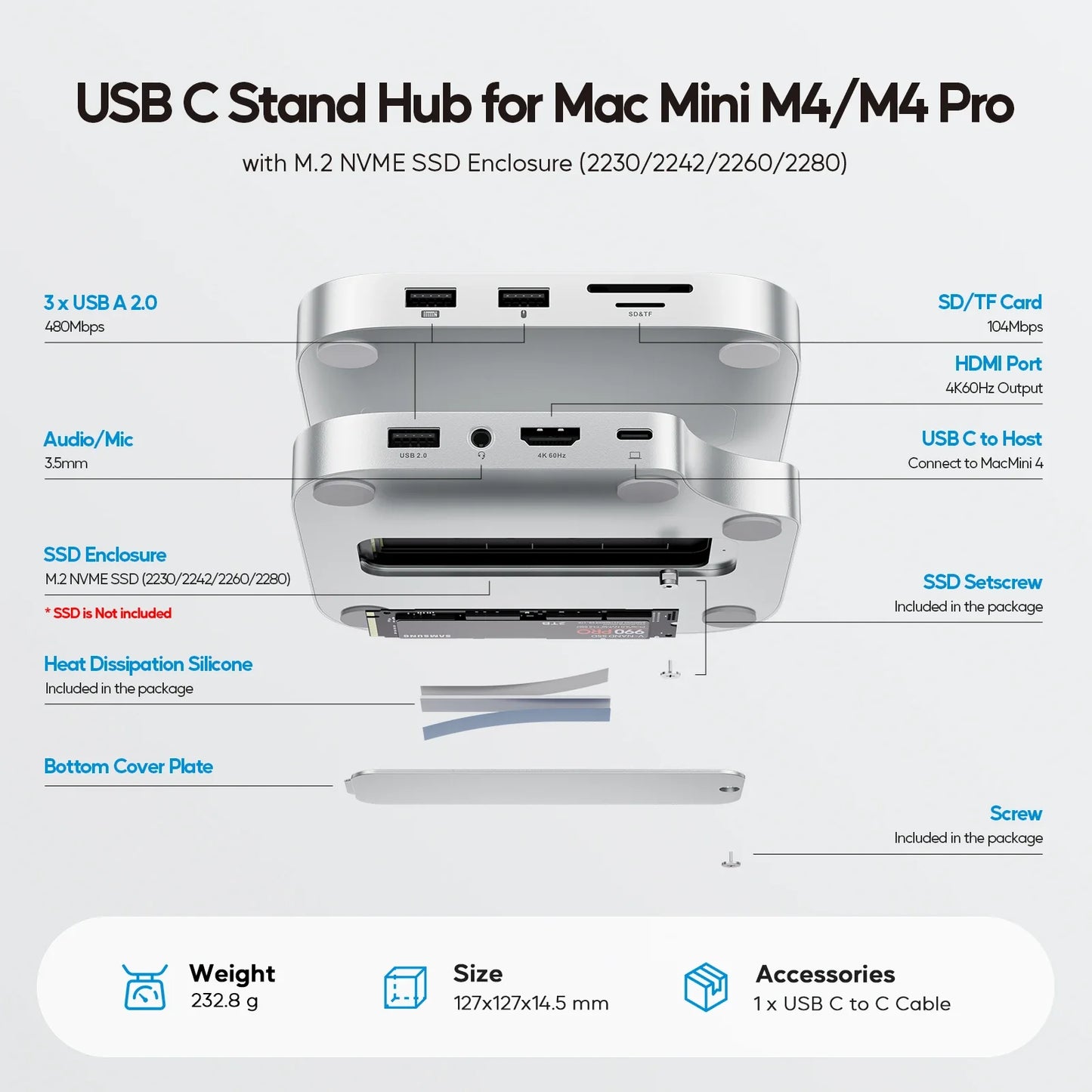 Silver aluminum usb c hub mini m4 dock with 4tb ssd enclosure and multiple ports for mac mini m4 and m4 pro