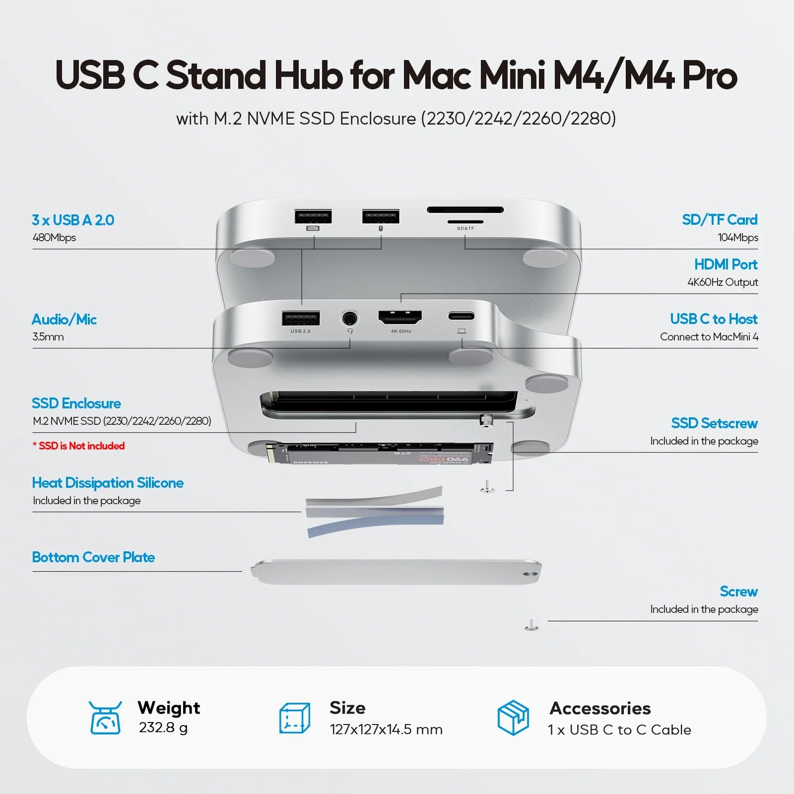 Silver aluminum usb c hub mini m4 dock with 4tb ssd enclosure and multiple ports for mac mini m4 and m4 pro