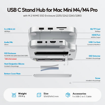 Silver aluminum usb c hub mini m4 dock with 4tb ssd enclosure and multiple ports for mac mini m4 and m4 pro