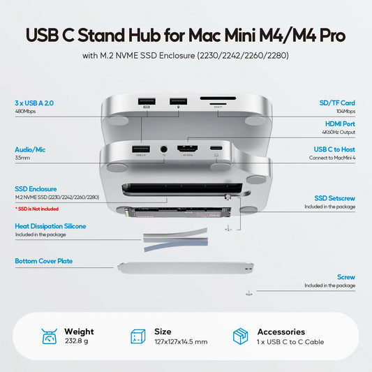 Silver aluminum usb c hub mini m4 dock with 4tb ssd enclosure and multiple ports for mac mini m4 and m4 pro