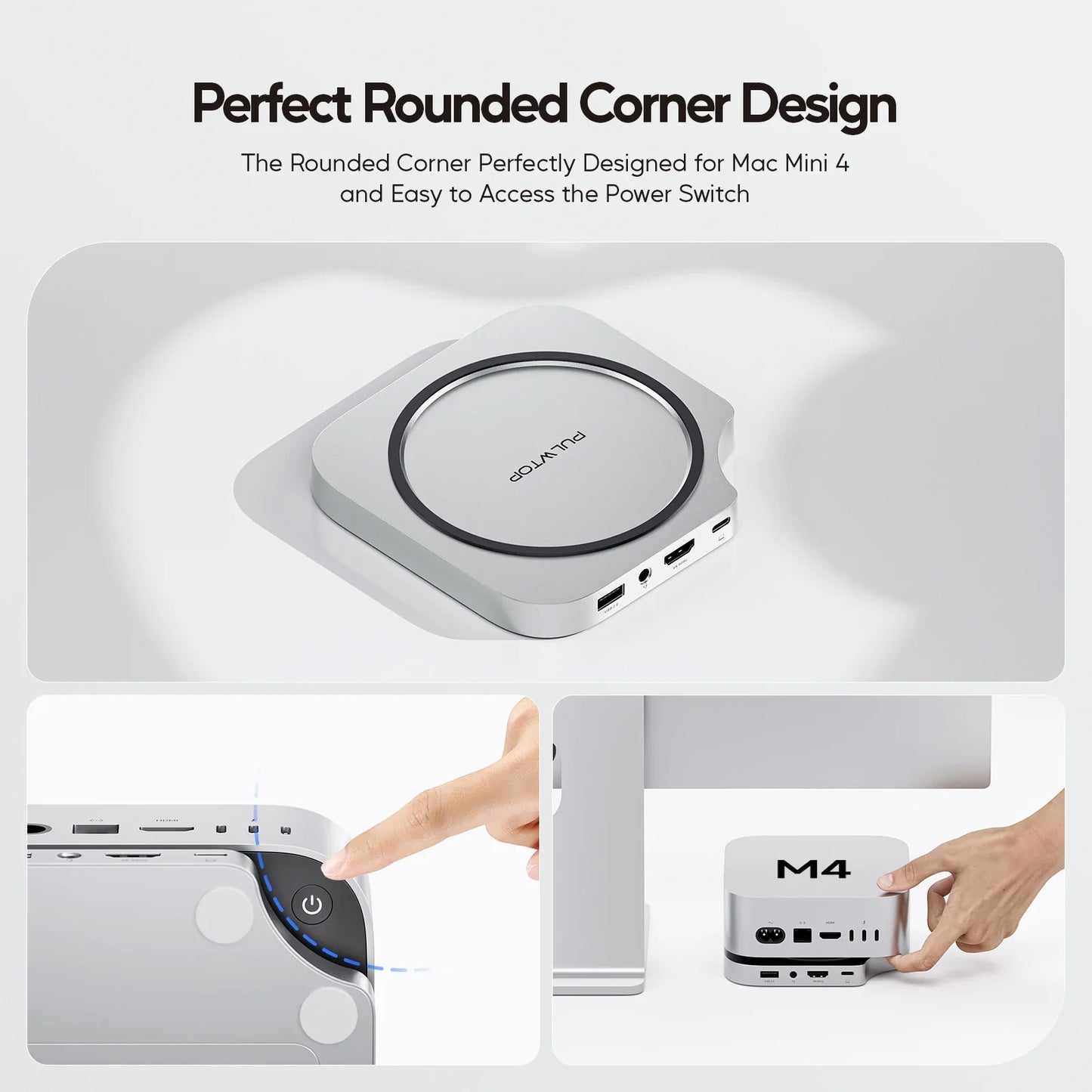 Silver puluhop mini m4 dock with rounded corners usb c hub and circular power button ring for mac mini charging