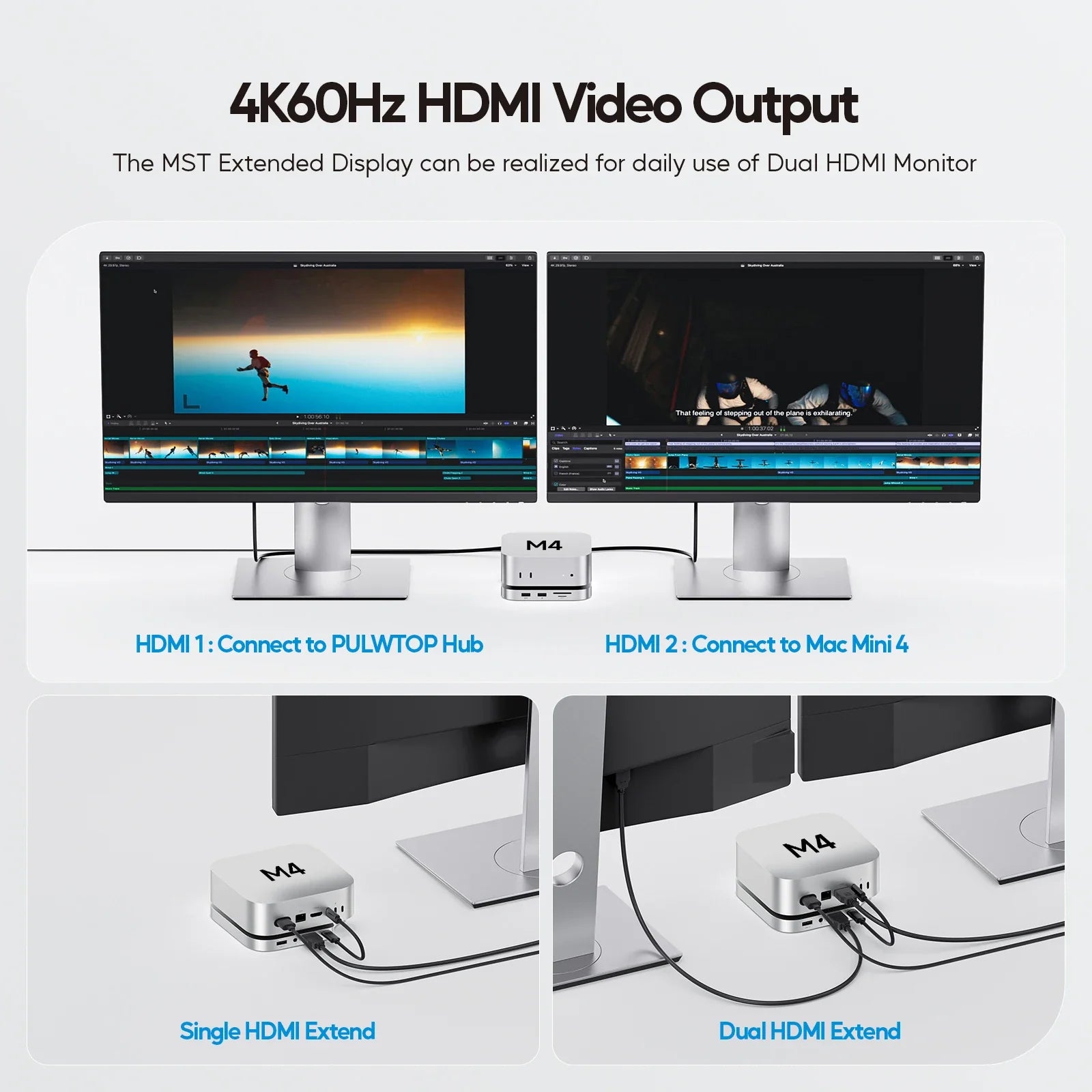 Silver m4 hdmi video output hub showing dual monitor ports on the back of mac mini mini m4 dock usb c hub