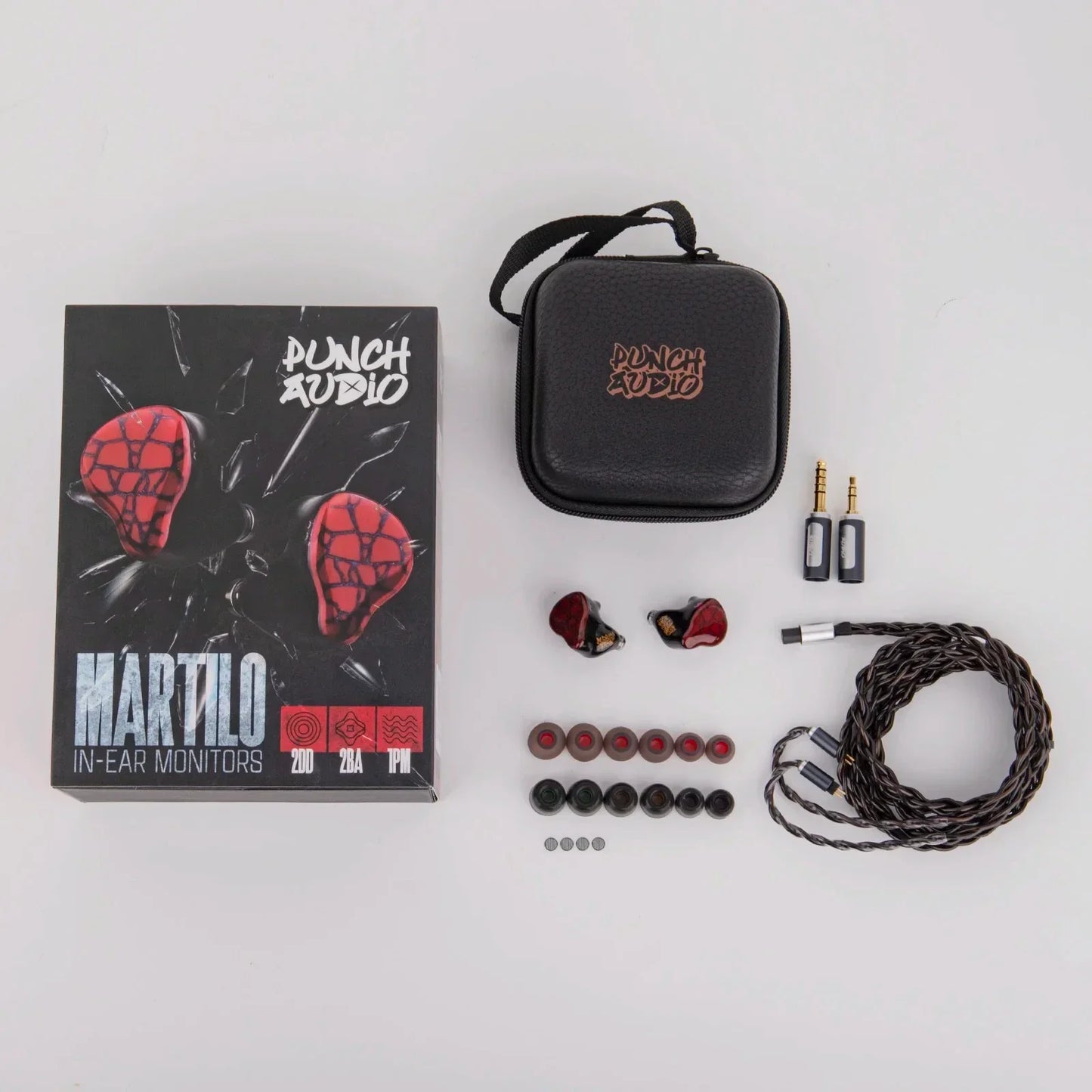 Red and black punch audio martilo iem hifi earphones with planar drivers and custom interchangeable cable design