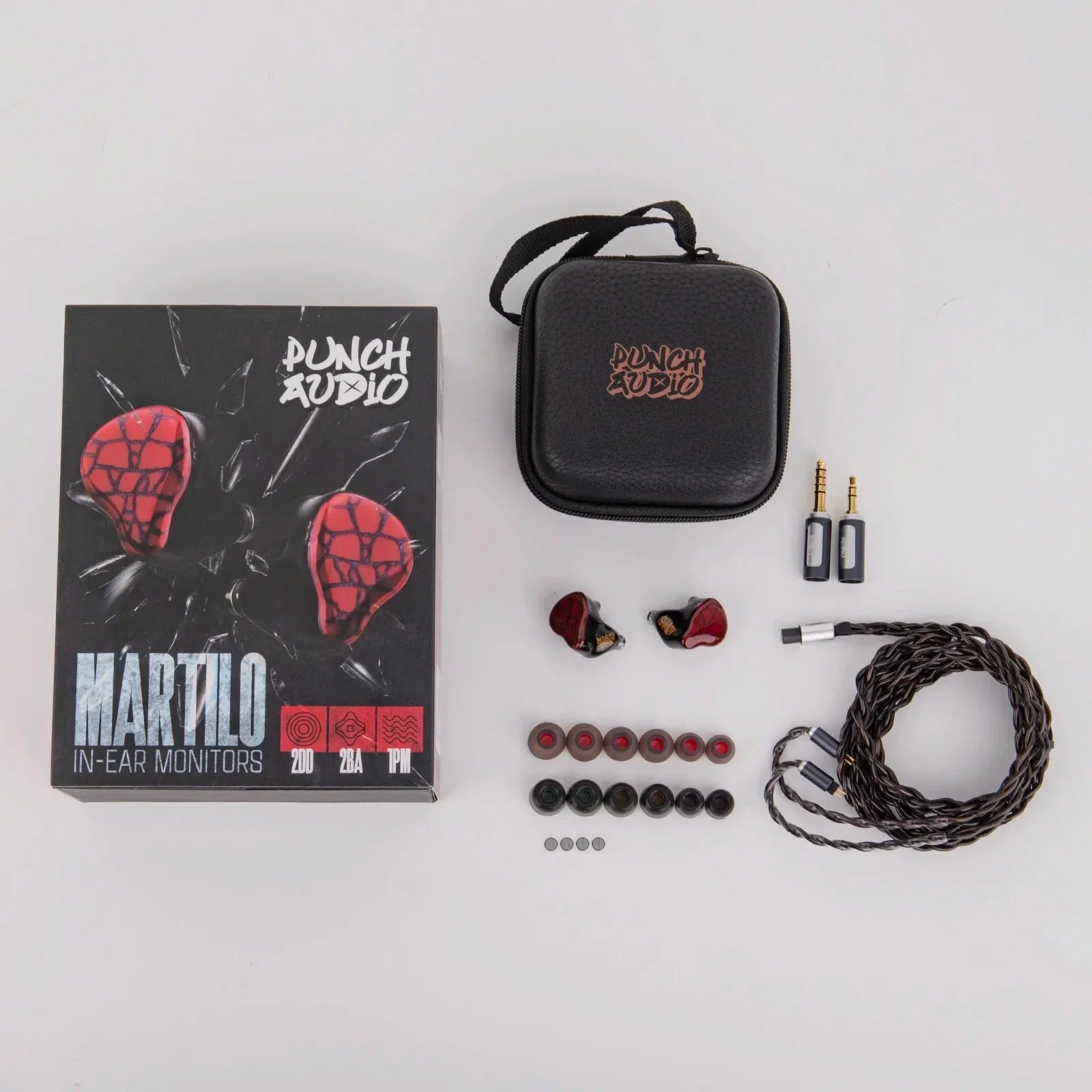 Red and black punch audio martilo iem hifi earphones with planar drivers and custom interchangeable cable design