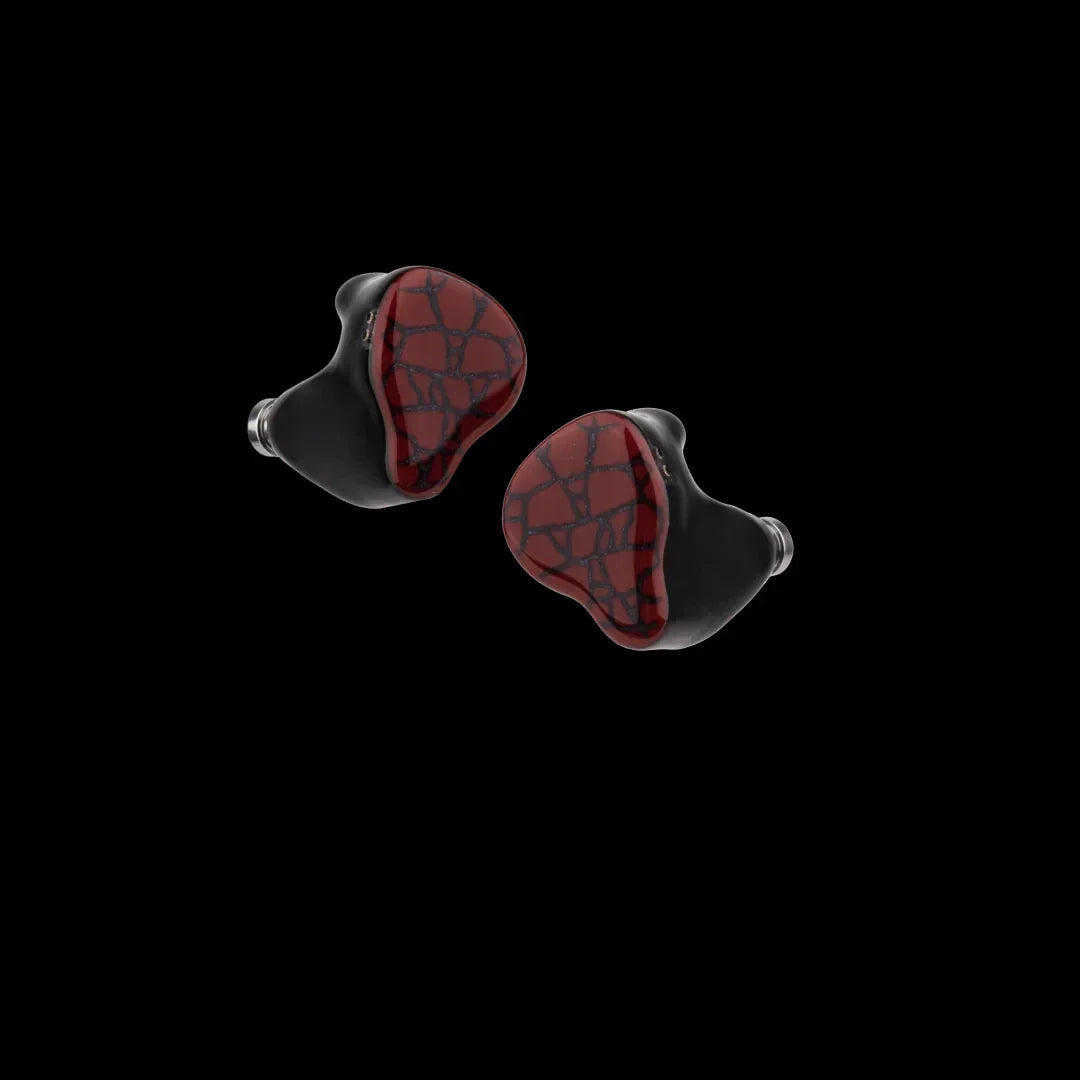 Red and black inlayed punch audio martilo iem earphones with glossy finish featuring planar drivers and custom interchangeable cable