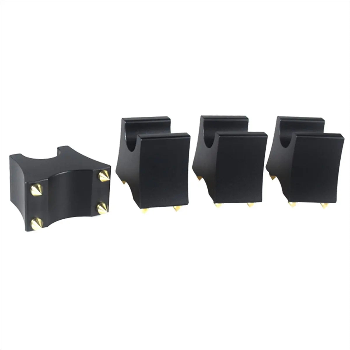 Black motorcycle handlebar clamp with gold screws as part of punctual hi-fi audio rack bracket holder support stand vibration-isolating